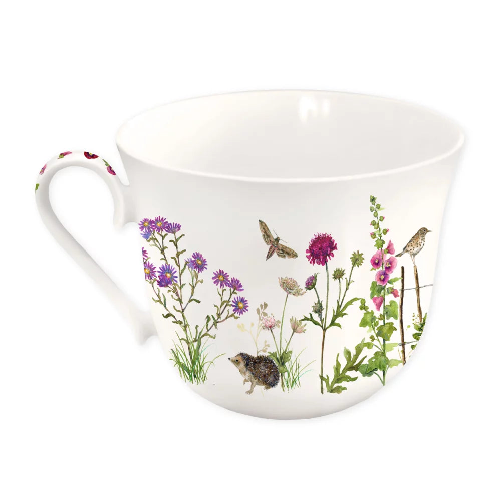 Floral pattern white mug featuring hedgehog, birds, and butterflies, made of ceramic and perfect for tea.