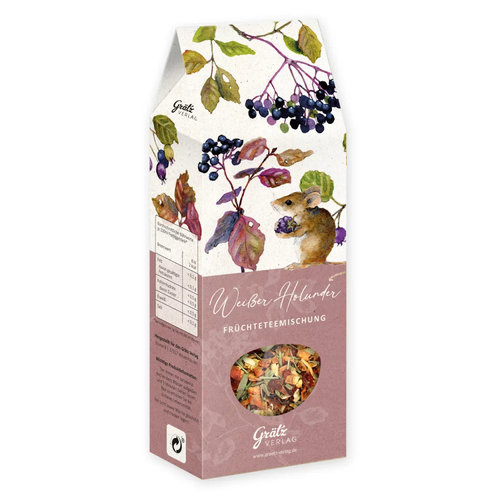Organic fruit tea blend in a colorful box featuring elderflower and berry designs.