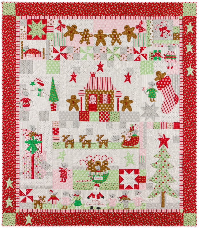 Colorful Christmas quilt featuring gingerbread, Santa, and festive patterns in red, green, and gray.