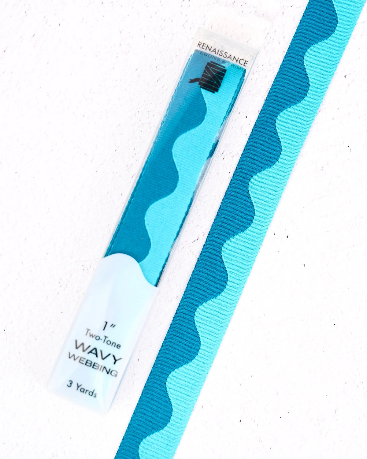 1" two-tone wavy webbing in turquoise, 3 yards long, ideal for crafting and sewing projects.