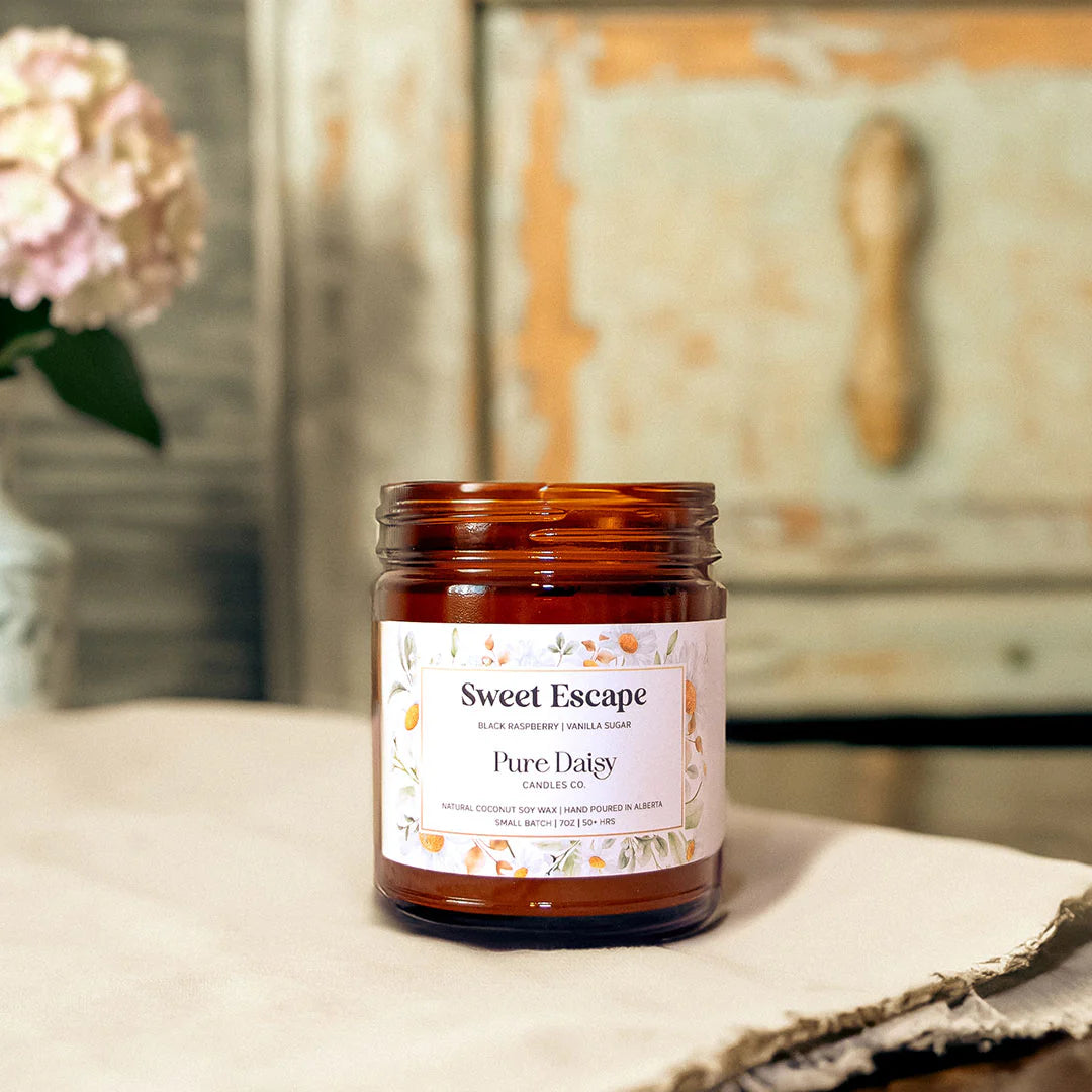 Sweet Escape candle with black raspberry and vanilla sugar scent, 7oz, natural soy wax, handmade