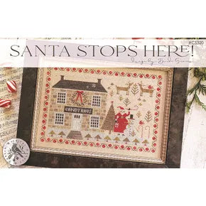 Christmas cross-stitch pattern featuring Santa, a house, and festive decorations in red and cream.