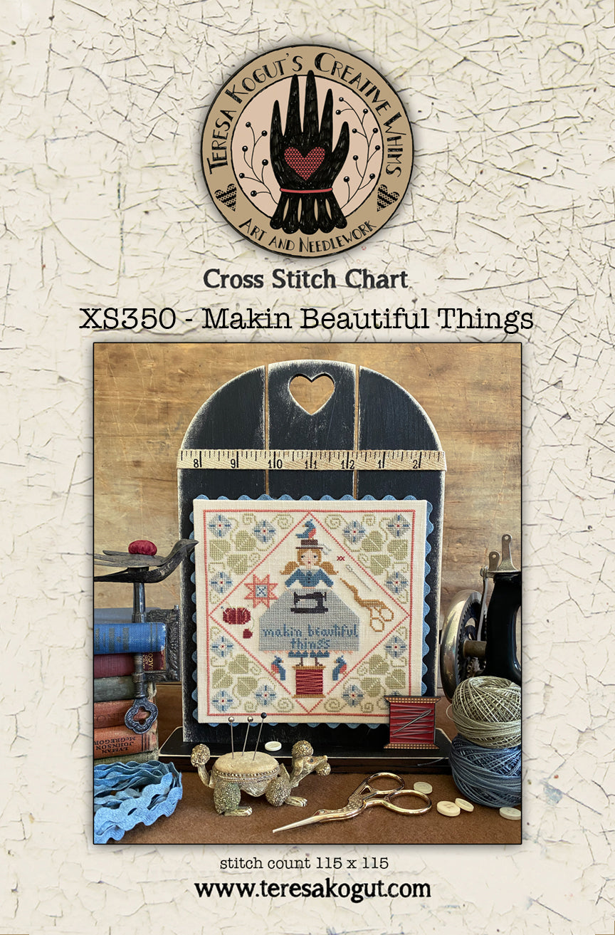 Cross stitch chart XS350 'Makin Beautiful Things', features whimsical design, stitch count 115x115.