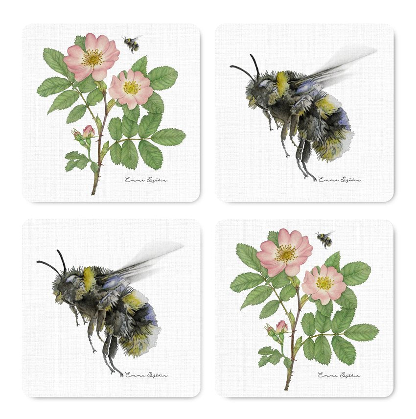 Emma Sjodin: 4 Piece Coasters, Rose/Bumble Bee