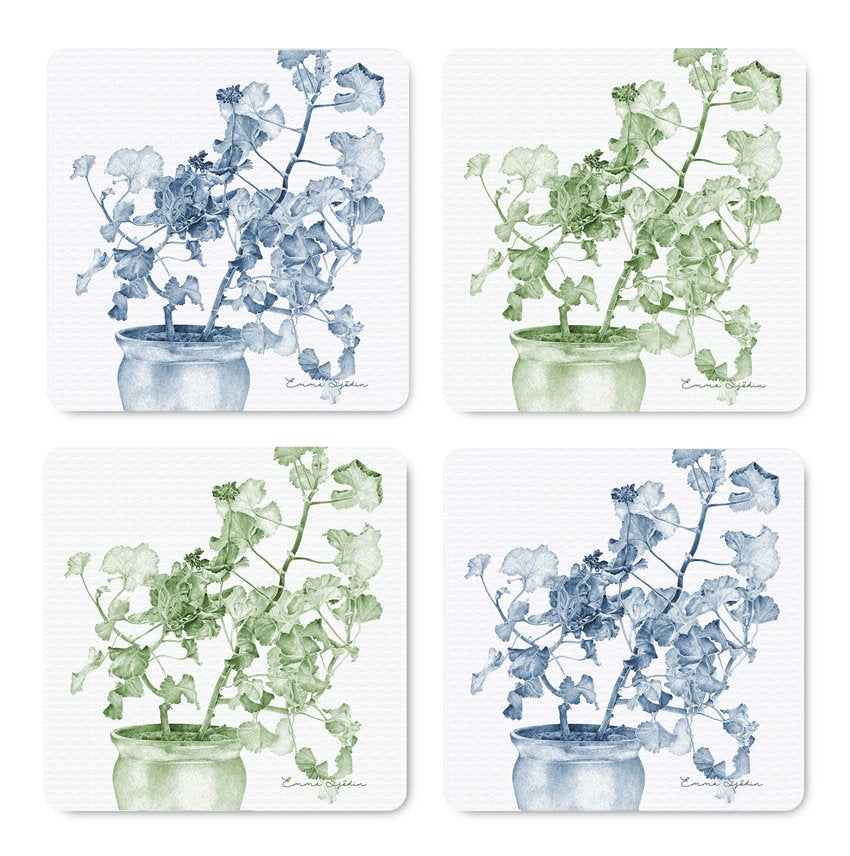 Emma Sjodin: 4 Piece Coasters, Blue/Green Geranium