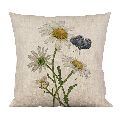 Floral decorative pillow with daisies and a butterfly, featuring a natural linen texture.