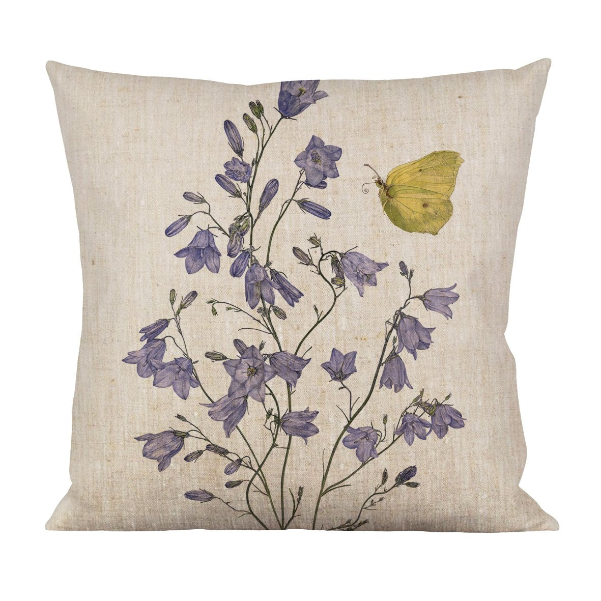 Floral decorative pillow featuring purple flowers and a yellow butterfly on beige fabric.