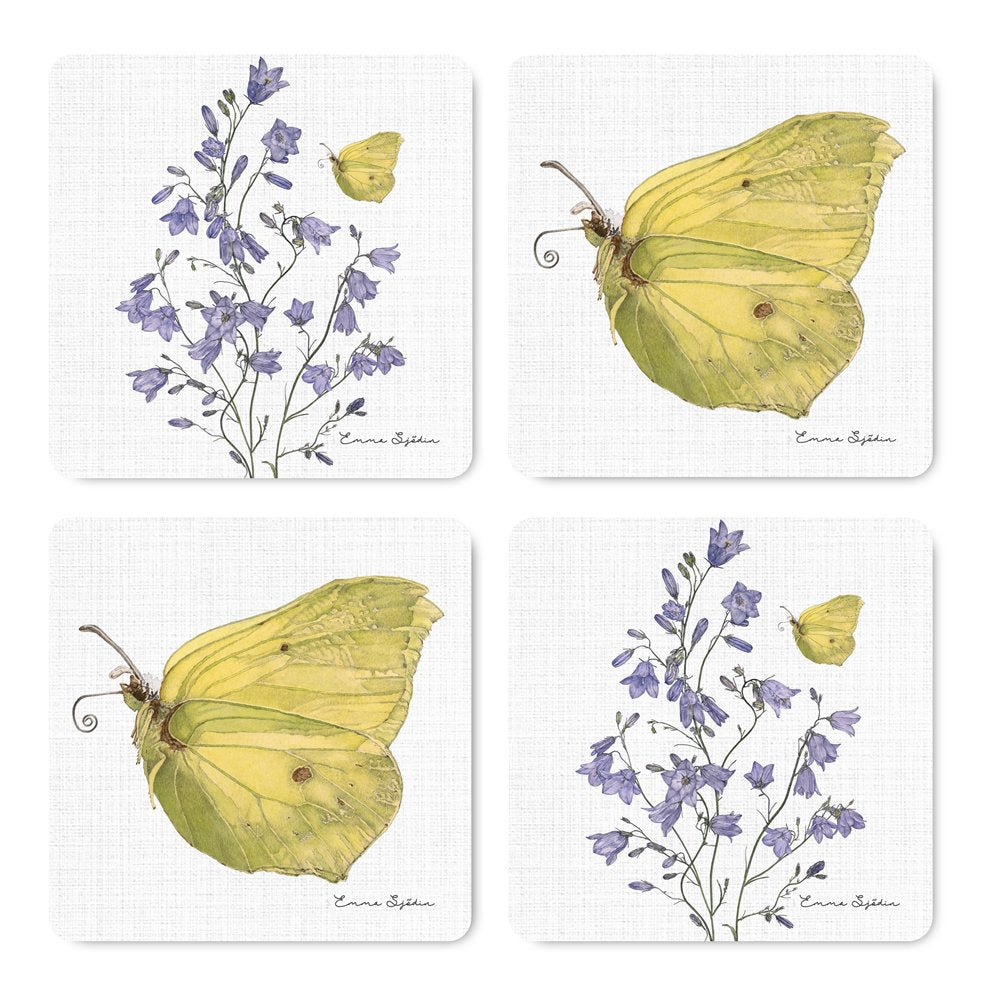 Emma Sjodin: 4 Piece Coaster, Bell Flower/Lemon Butterfly