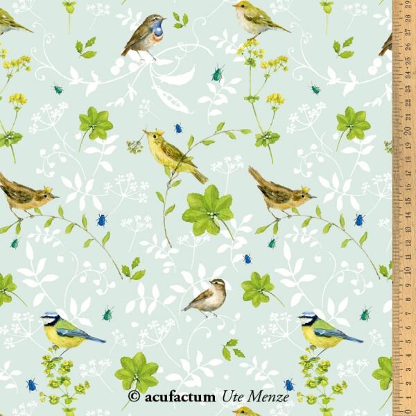 Textile fabric featuring colorful birds and greenery, light blue background, perfect for crafts and home decor.