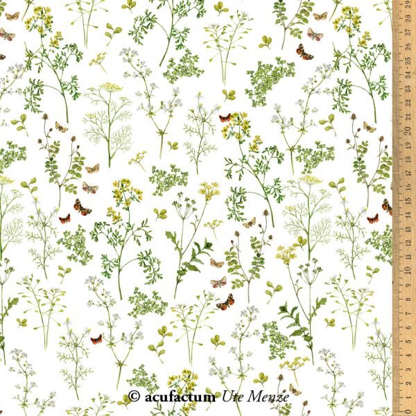 Floral fabric pattern featuring green leaves and butterflies on a white background, perfect for crafts.