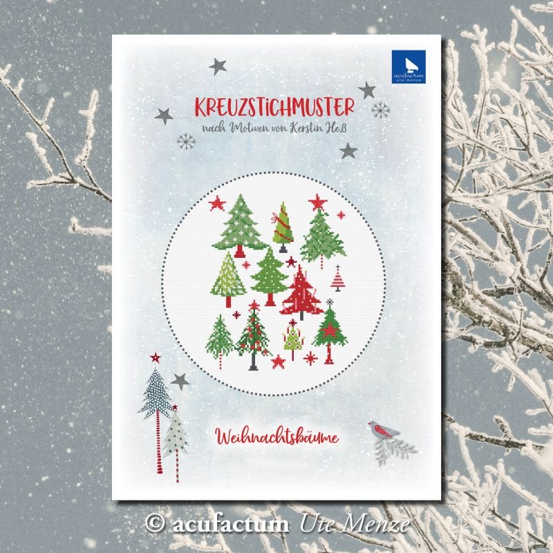 Christmas cross-stitch pattern featuring colorful Christmas trees and stars on a snowy background.