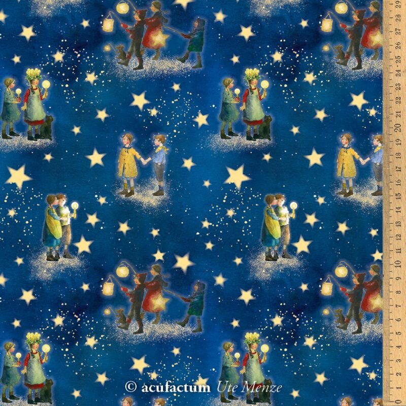 Colorful children's fabric featuring nighttime scenes, stars, and playful kids, ideal for quilting or crafts.