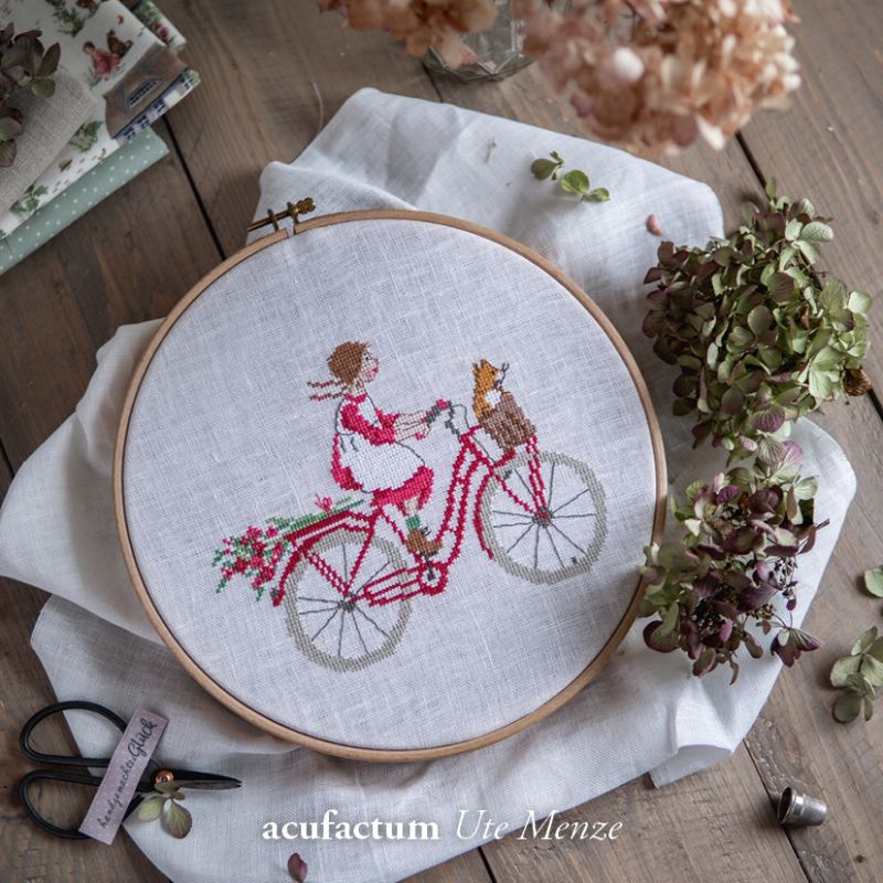 French Hand Embroidery Kit - Cat's Life is Good on a Bicycle