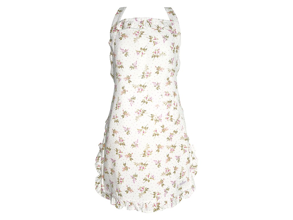 Floral-patterned white apron with frill trim, perfect for cooking or baking.