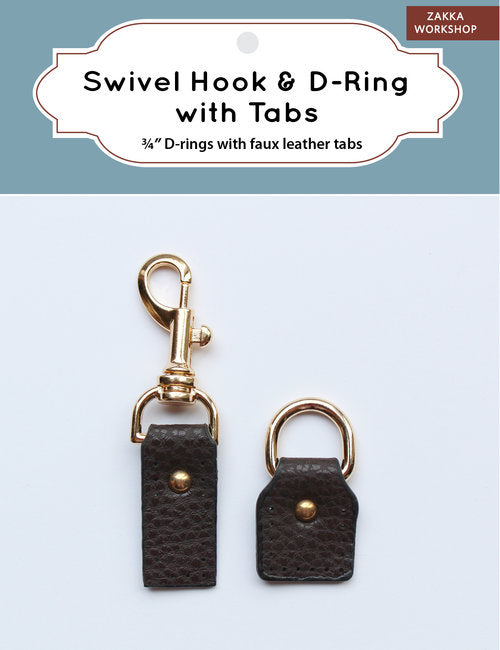 Swivel hook and D-ring set in gold with faux leather tabs, ideal for crafting and accessories.