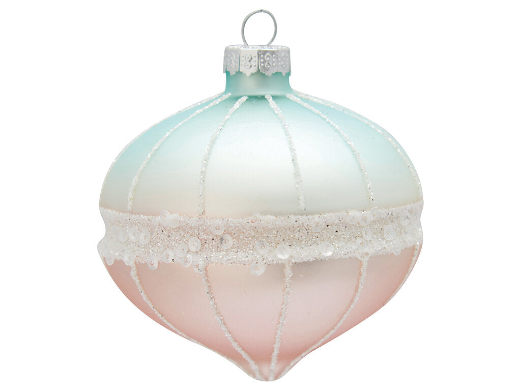 Handcrafted glass Christmas ornament, pastel blue and pink, featuring glitter and bead detailing.