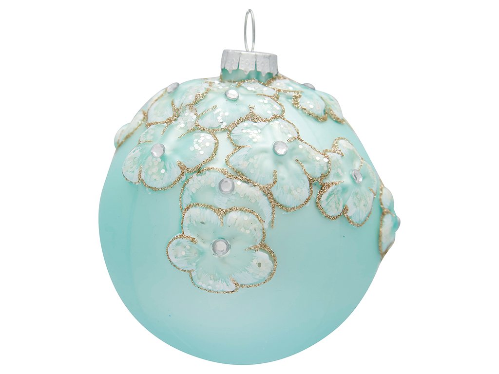 Handcrafted glass ornament in light blue with floral designs and glitter accents, perfect for holiday decor.