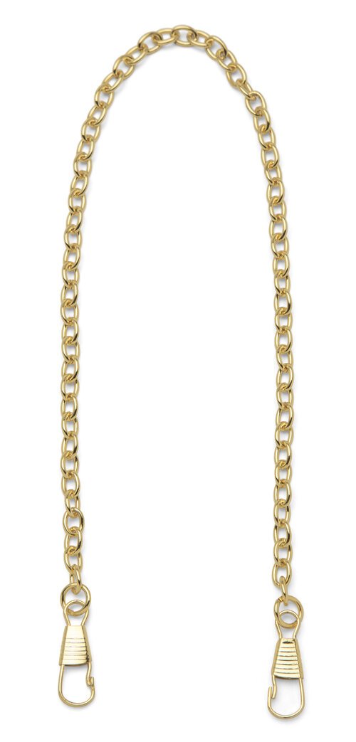 Gold chain strap with clips, perfect for enhancing bags or accessories, durable metal construction.