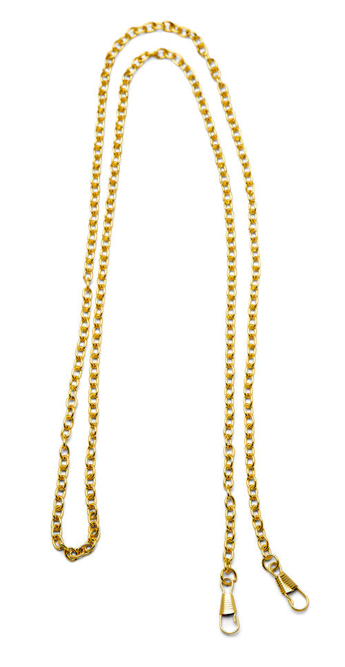 Gold chain strap with clasps for bags or glasses, made from durable metal for stylish functionality.