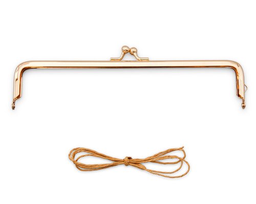 Gold-tone metal frame clasp with a string for purses and bags, sleek design for DIY projects.