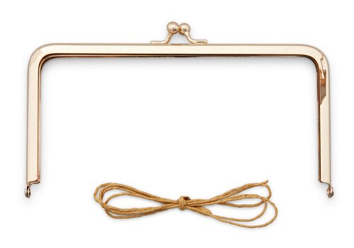 Rose gold metal purse frame with a clasp and beige tying string for craft projects