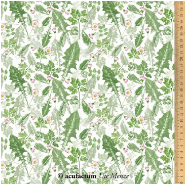 Floral pattern fabric featuring green leaves and pink flowers, perfect for crafts and home decor.