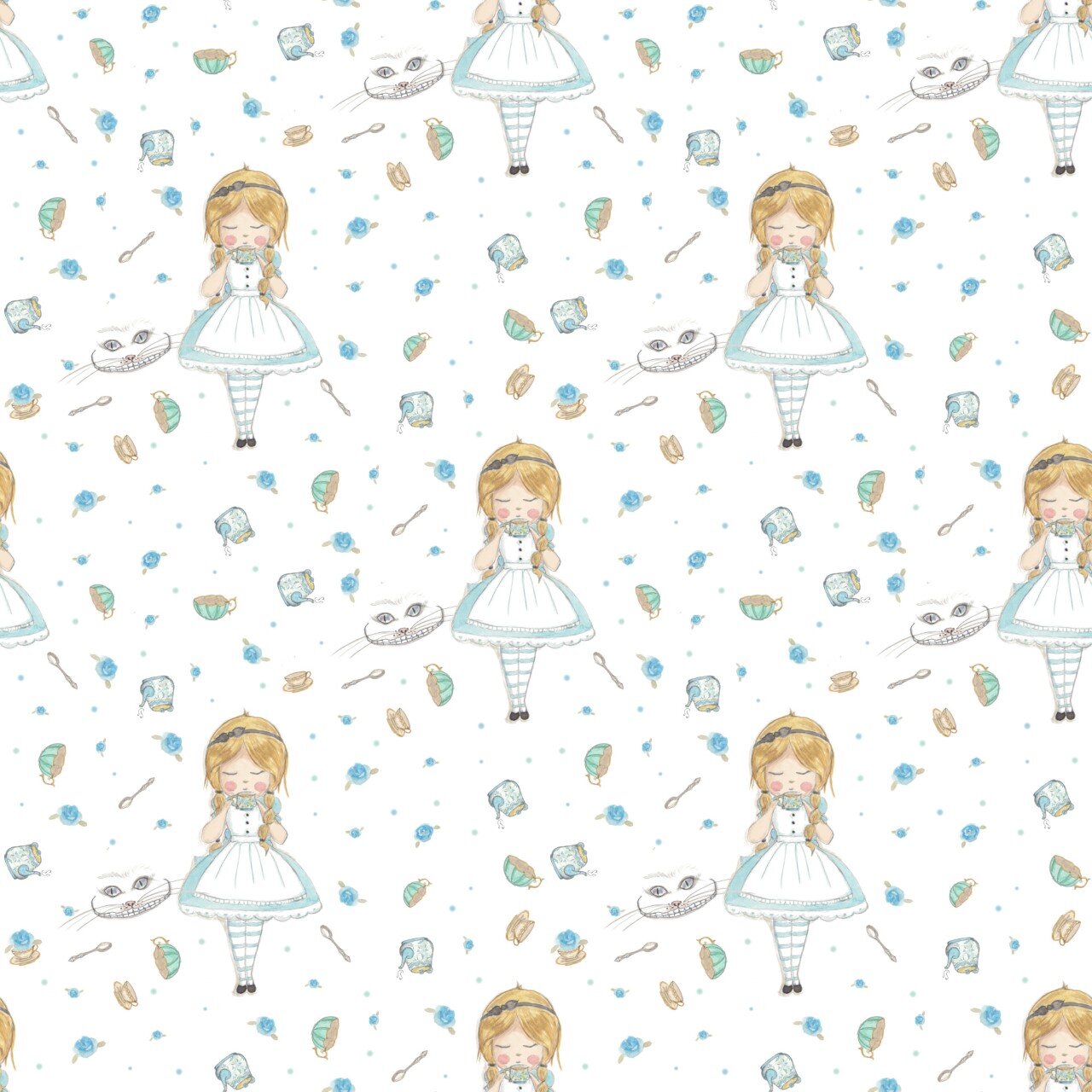 Whimsical Alice in Wonderland pattern featuring blonde girl in blue dress, teacups, and whimsical elements.