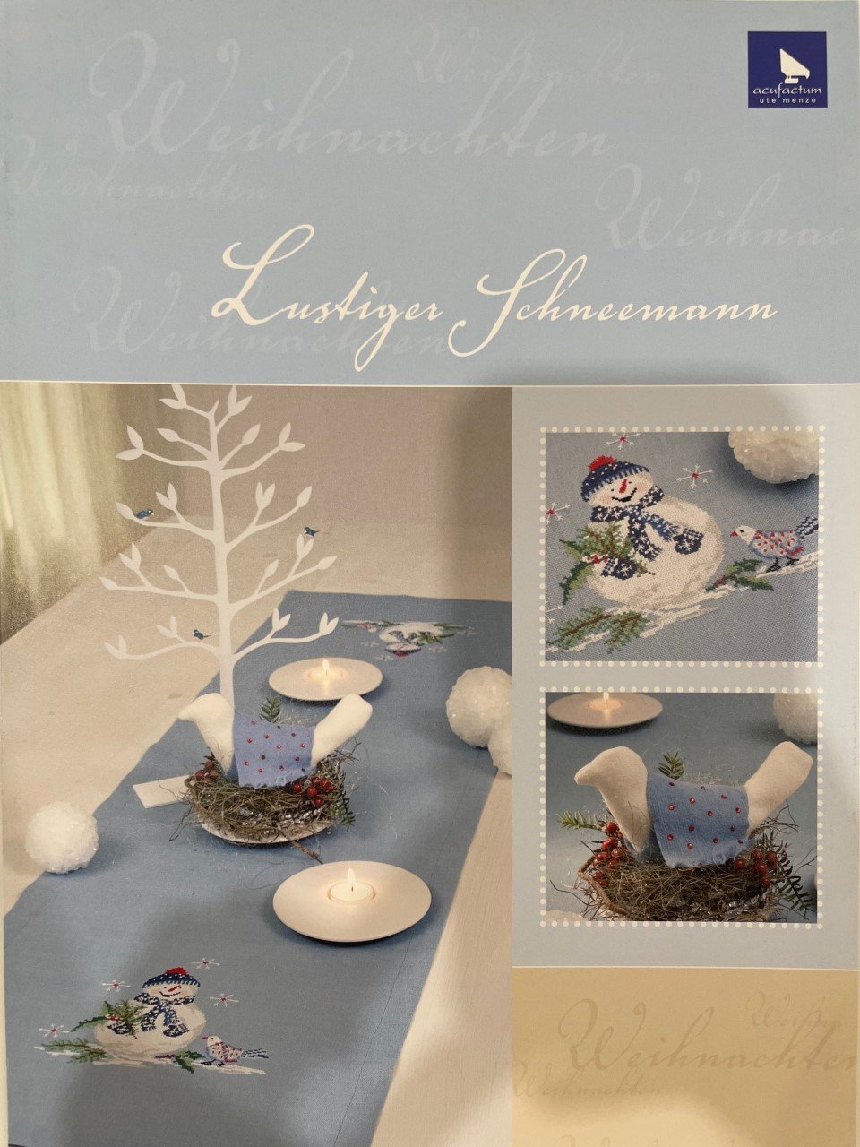 Blue table runner featuring embroidered snowman design and decorative candles for festive occasions.