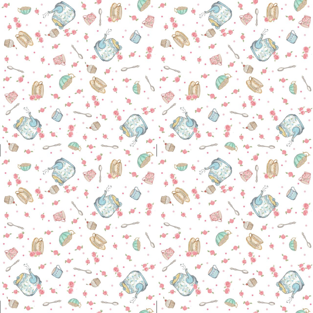 Whimsical tea-themed pattern featuring teapots, cups, and roses on a light background.