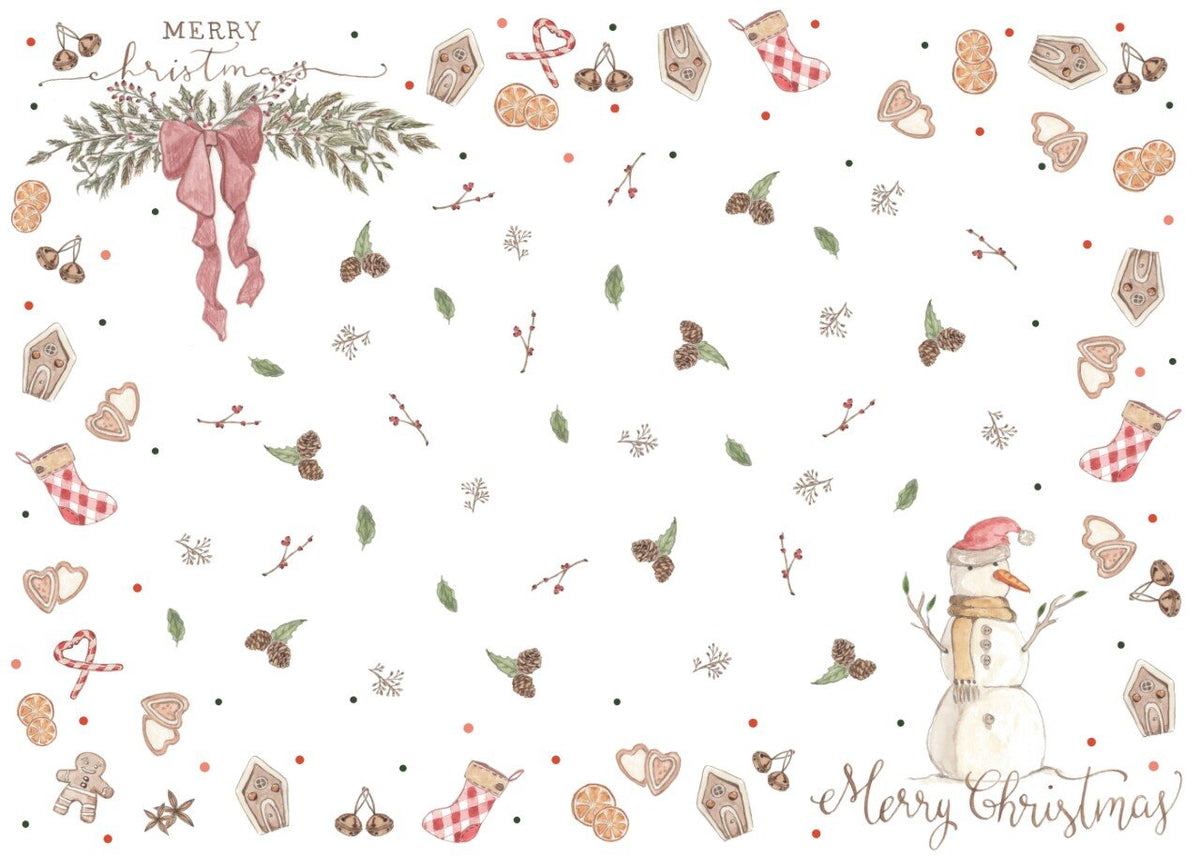 Merry Christmas decorative wrapping paper with snowman, holiday motifs, and festive colors.